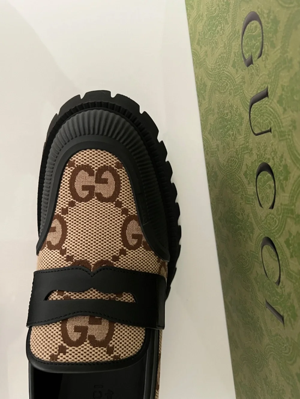 Gucci Men's Shoes Maxi GG Slip On Loafers Rubber Fabric Leather Size 10.5 US 11